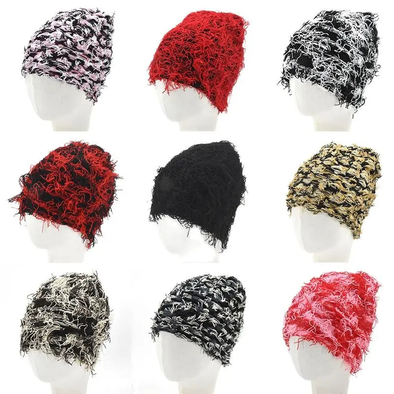 Hip Hop Balaclava Distressed Knitted Caps Ski Mask Women Outdoor Camouflage Fleece Fuzzy Ski Balaclava Beanies Women Men Hat