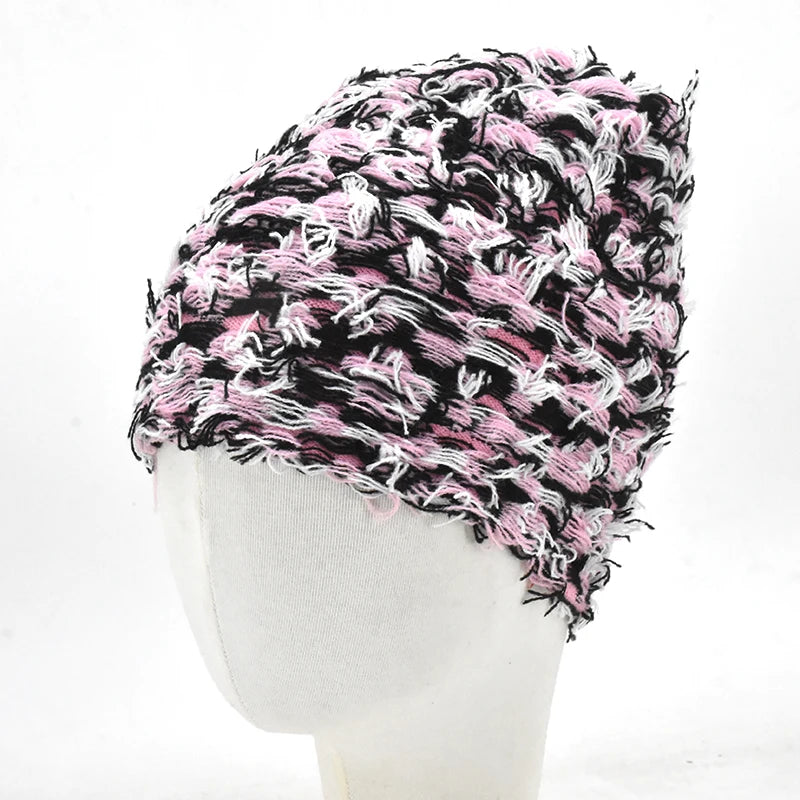 Hip Hop Balaclava Distressed Knitted Caps Ski Mask Women Outdoor Camouflage Fleece Fuzzy Ski Balaclava Beanies Women Men Hat