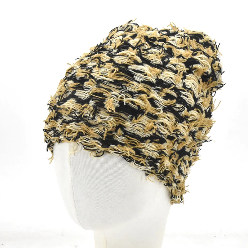 Hip Hop Balaclava Distressed Knitted Caps Ski Mask Women Outdoor Camouflage Fleece Fuzzy Ski Balaclava Beanies Women Men Hat